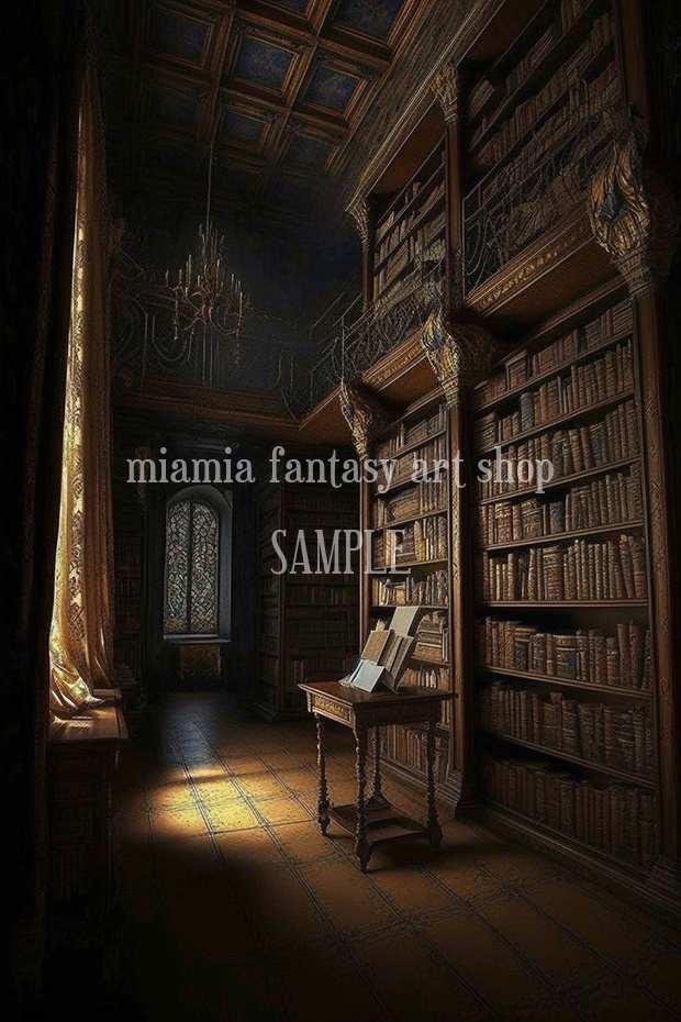 ヨーロッパ風の洋書の図書館の背景素材・柔らかい光が差し込む場所