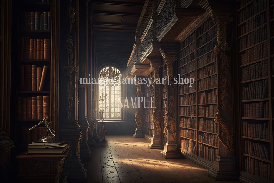 ヨーロッパ風の逆光の図書室の背景素材