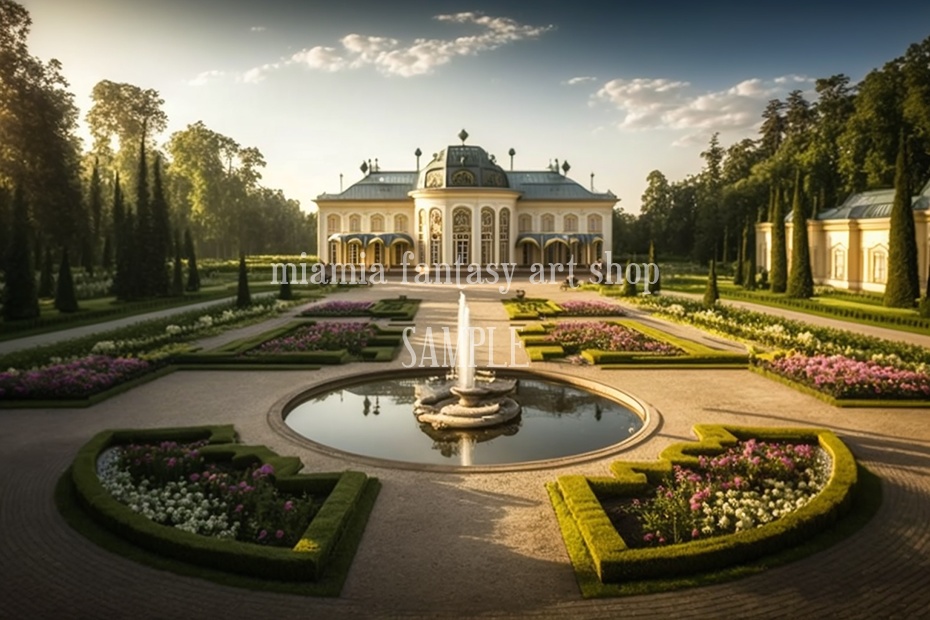 ヨーロッパ風の架空の貴族の庭とお屋敷素材・トレースOK