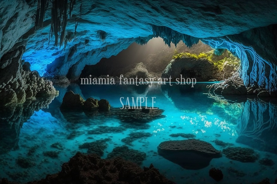 地下ダンジョン風-光が差し込む青の洞窟素材 - miamia-fantasy-art
