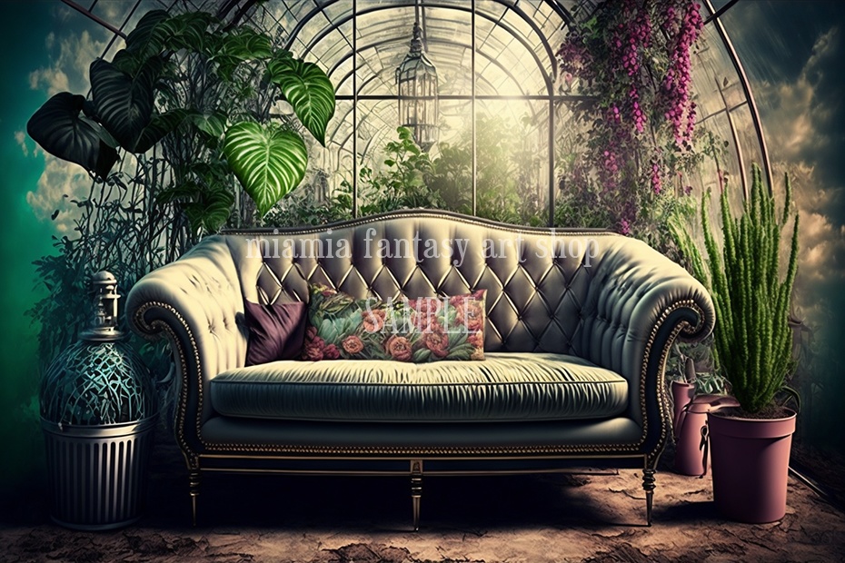 植物とソファーの幻想的な背景素材