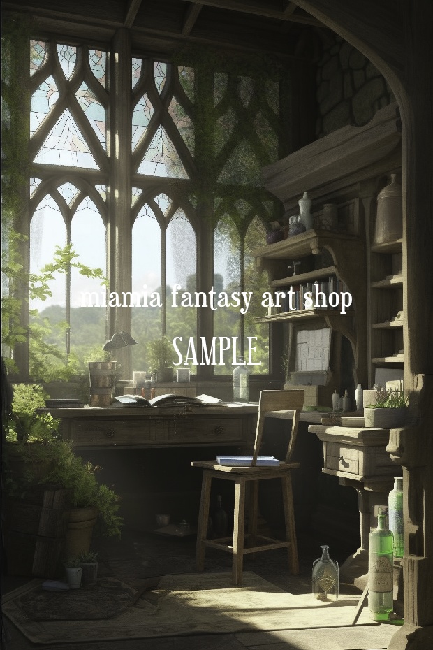 日光が差し込む窓辺と机のある部屋の風景-ファンタジー背景素材