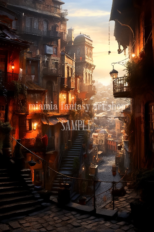 ヨーロッパ風の坂の街並み-ファンタジー背景素材