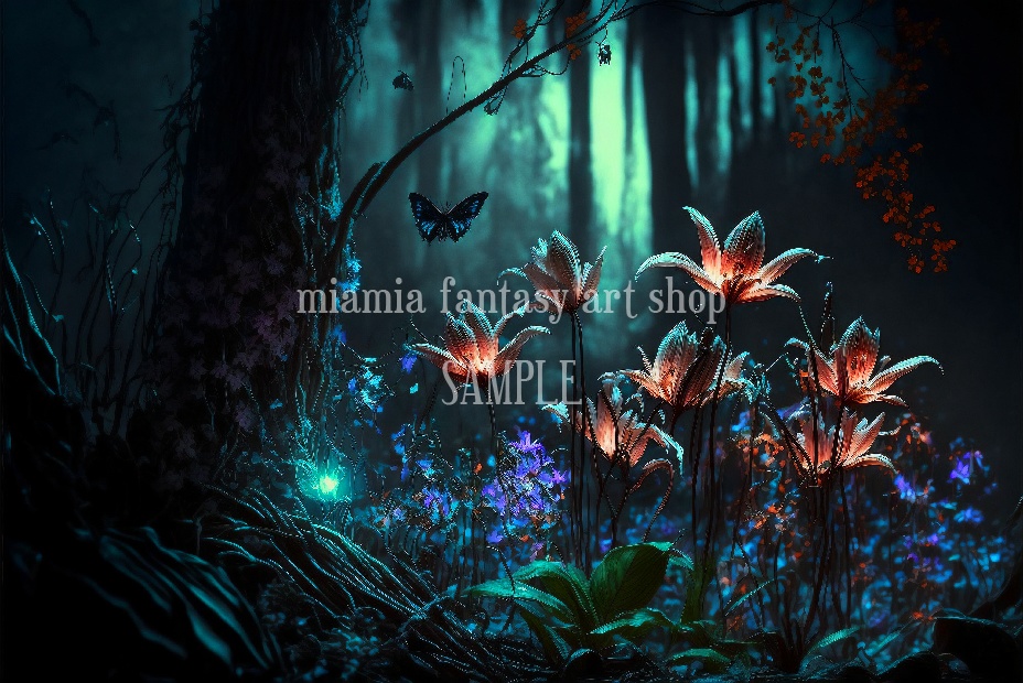 ファンタジー世界の夜に光る花と蝶々-背景素材