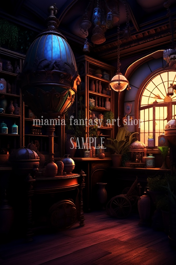 ファンタジー世界の夕暮れの雑貨屋-背景素材