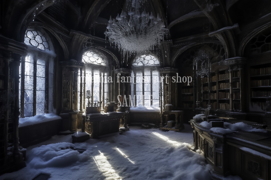 ファンタジー世界の雪に埋もれたお城にある図書室-背景素材