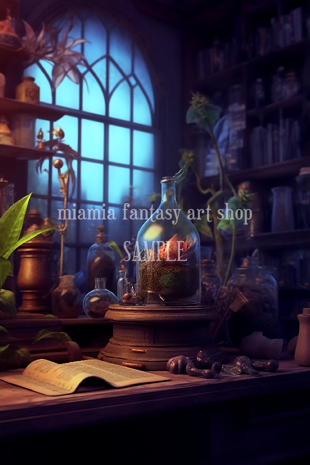 ファンタジー世界の植物学者の研究室の机の上-背景素材