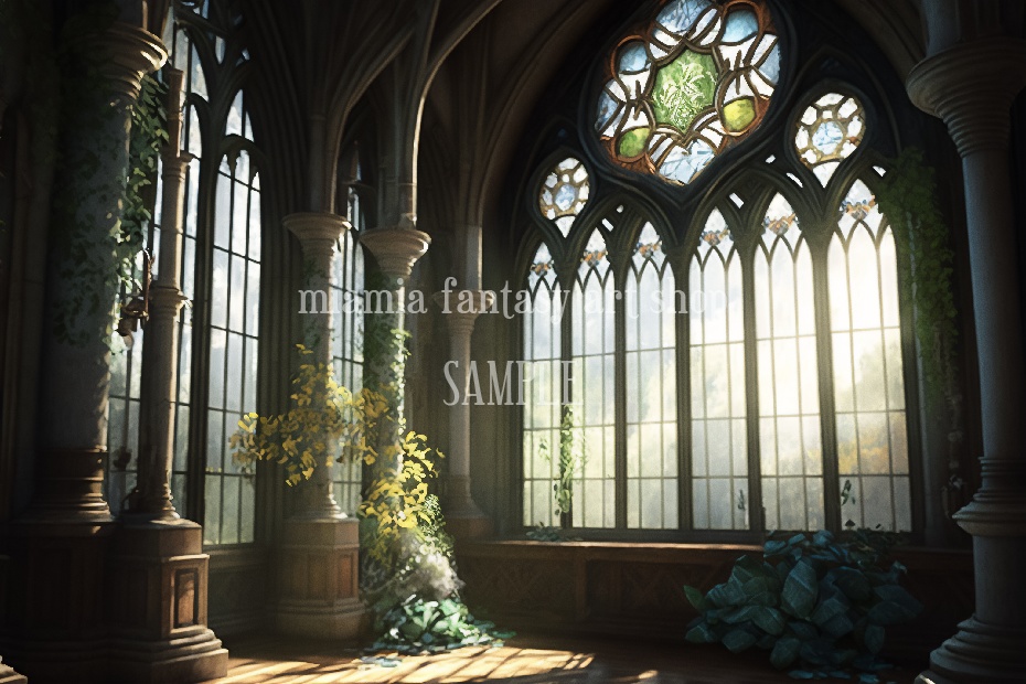ヨーロッパの架空のお城のステンドグラスがある窓辺-背景素材