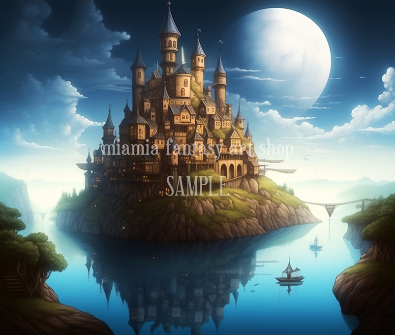 絵本のような孤島の城下町と満月〜ファンタジー素材