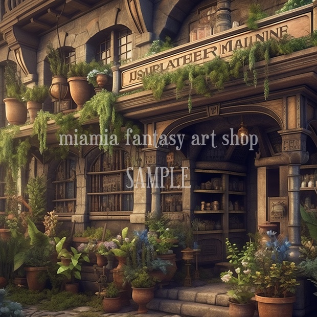 ファンタジー世界のお店屋さんのエントランス付近の背景素材