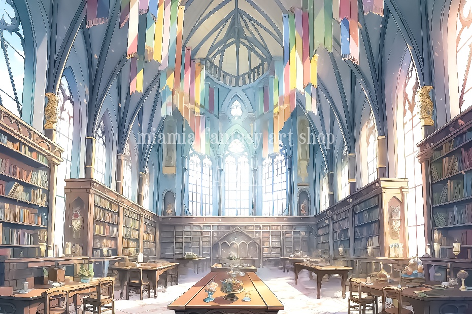 ファンタジー世界のお城の図書室の背景画像