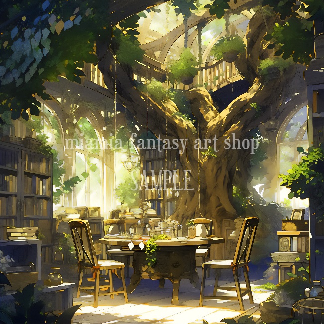 樹木と共存するファンタジー世界の部屋〜背景素材