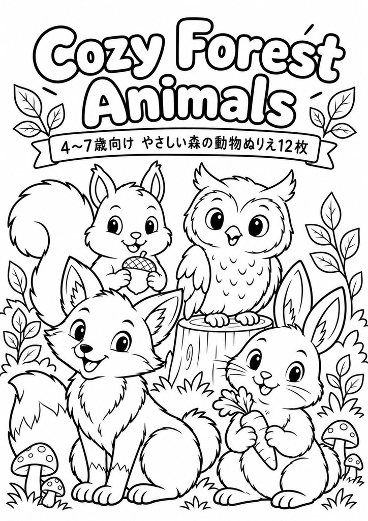 Cozy Forest Animals|4〜7歳向け やさしい森の動物ぬりえ12枚