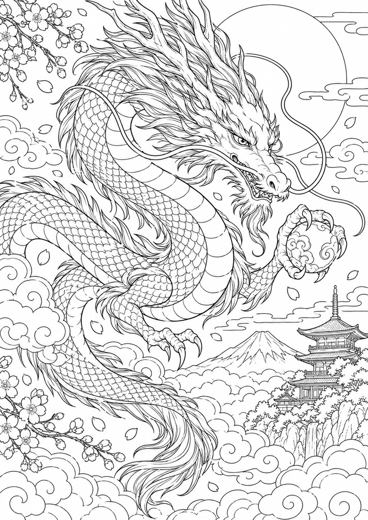 大人の和風幻想ぬりえ12枚|狐面と桜・A4 PDF