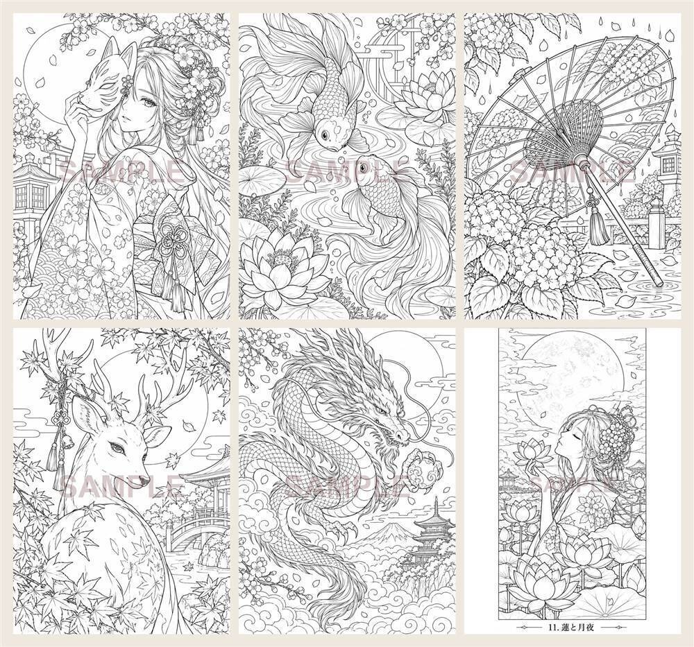 大人の和風幻想ぬりえ12枚|狐面と桜・A4 PDF