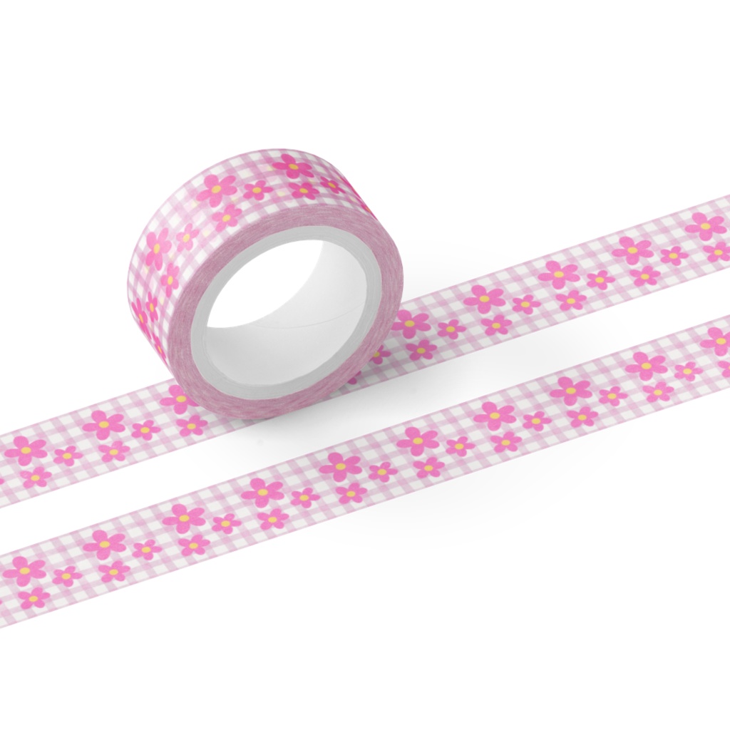 お花ピンクチェックマスキングテープ