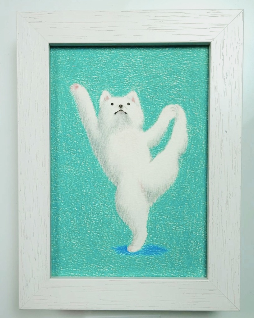 <残り1点> 色鉛筆 原画「ダンス犬・ブルー(A5・額入り)」