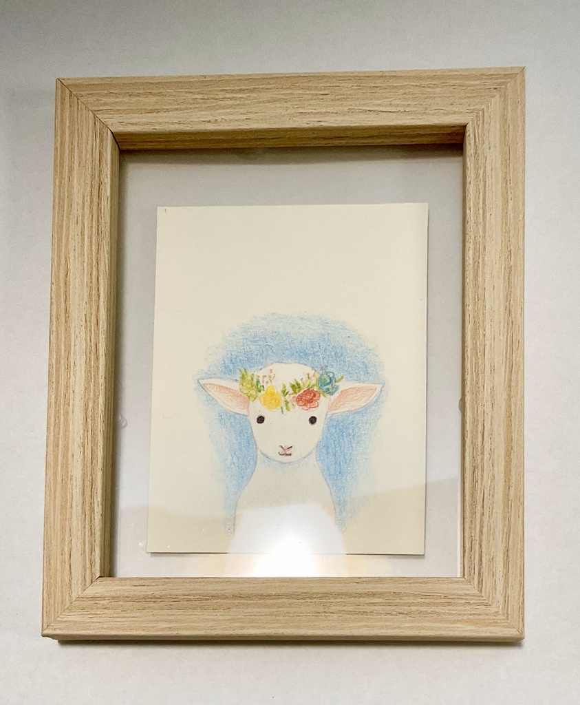 <残り1点> 色鉛筆 原画「花かんむりの子ひつじ」