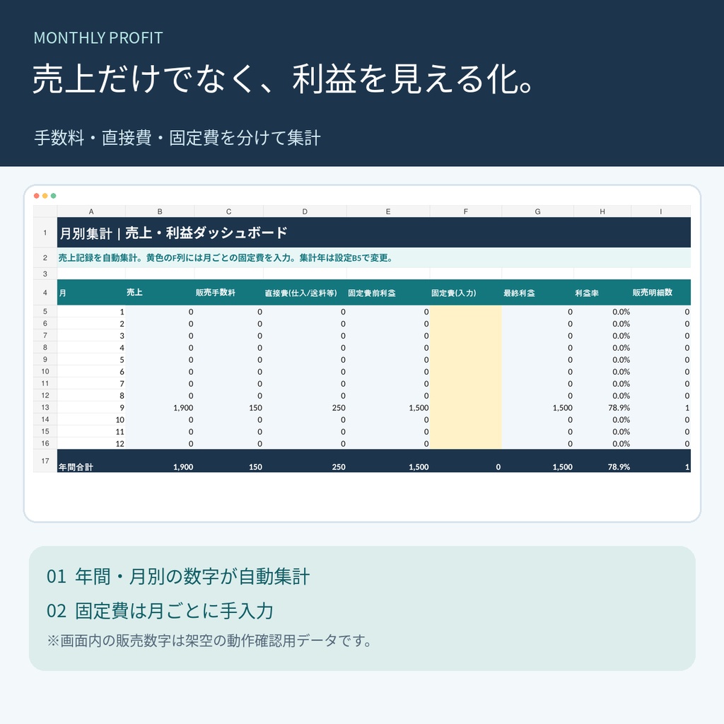 売上・利益管理&価格試算 Excel|副業・小規模販売の月別・商品別集計