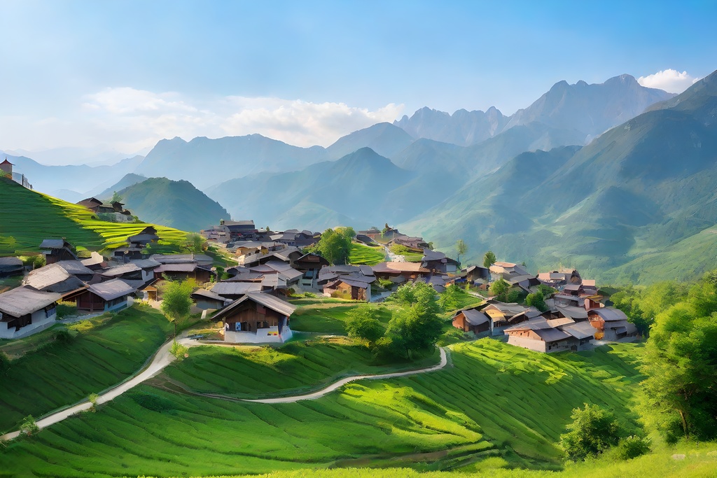 【背景素材】【格安素材】【景色イラスト】  天空の山脈の中にある村の景色