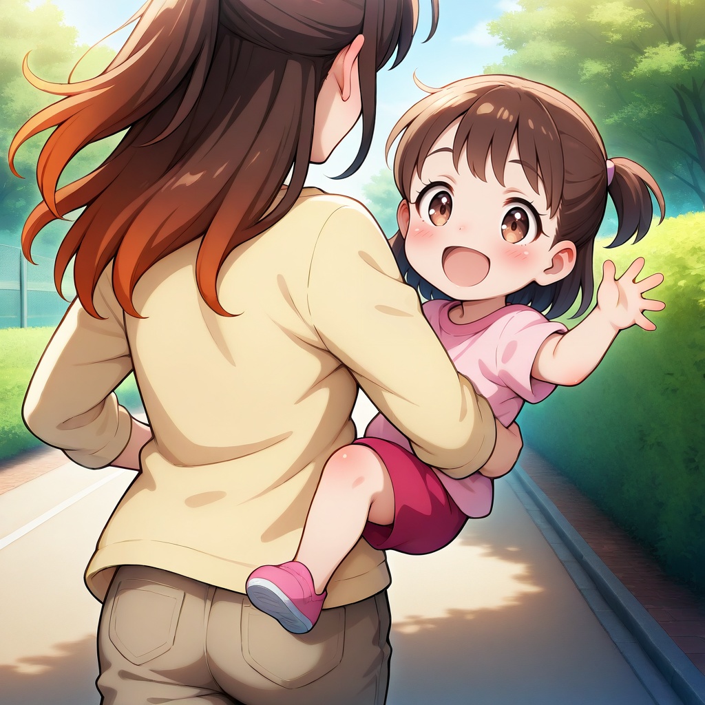 抱っこで元気いっぱい！親子の可愛いお散歩シーン