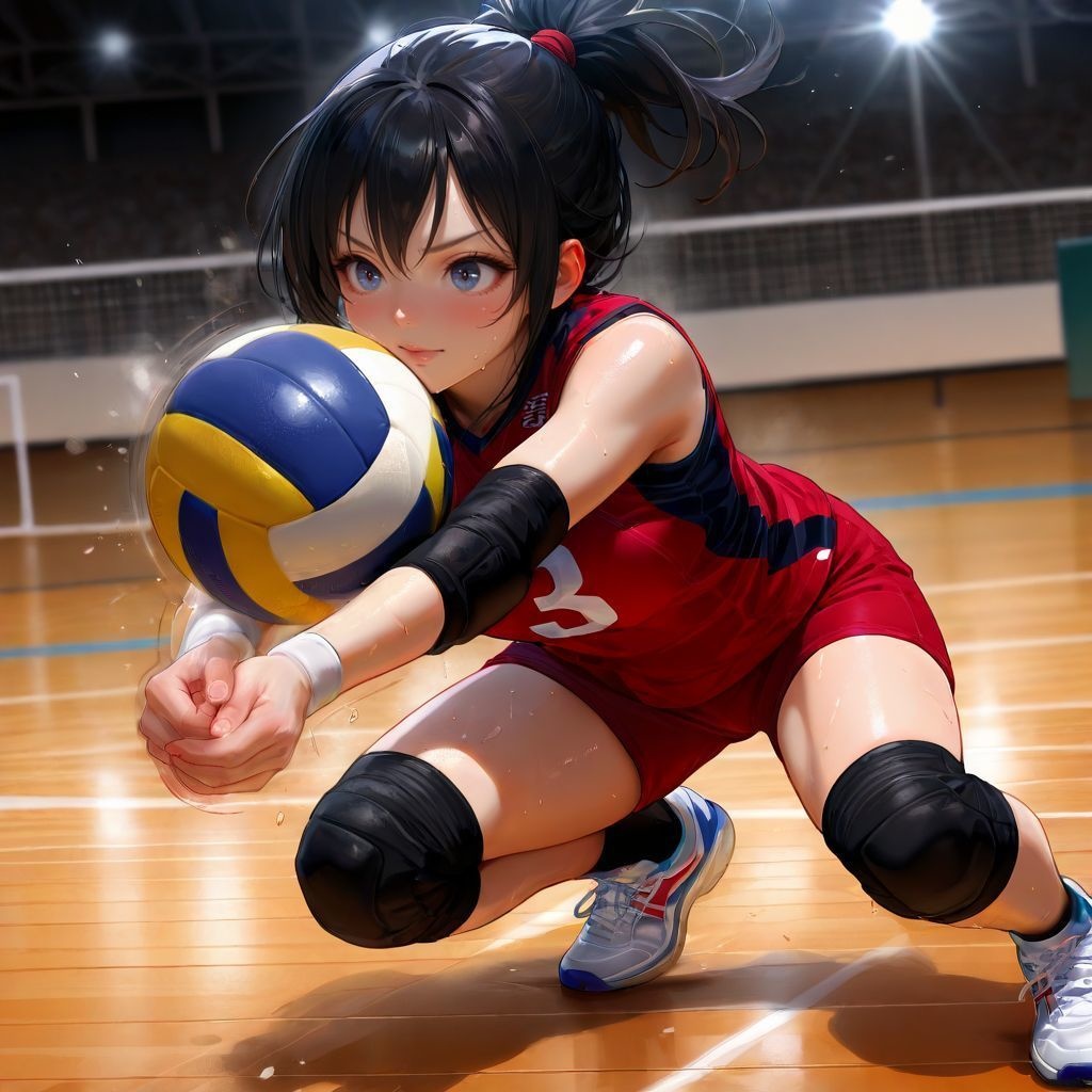 バレーボール女子（レシーブ）｜高精細アニメ風イラスト（4096×4096 PNG）