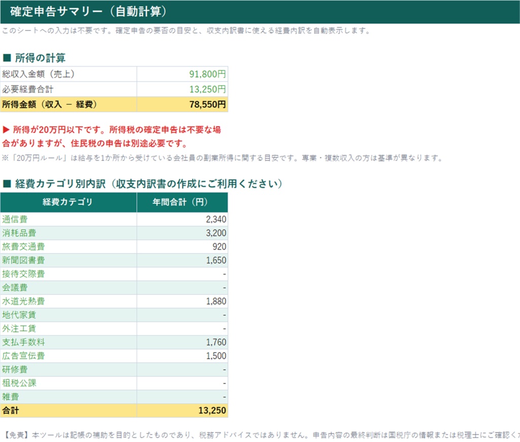 【副業1年目の方へ】収入と経費を入れるだけ。確定申告サマリーが自動でできるExcel