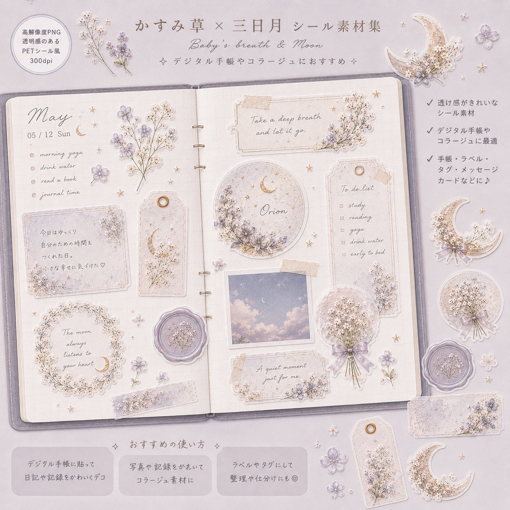 【素材集】かすみ草×三日月|透明PNGシール素材21点|手帳/コラージュ/Canva/商用OK