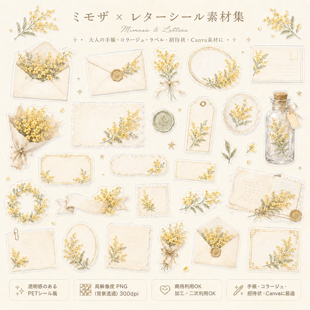 【素材集】ミモザ×レター｜透明PNGシール素材26点｜手帳/コラージュ/Canva/商用OK