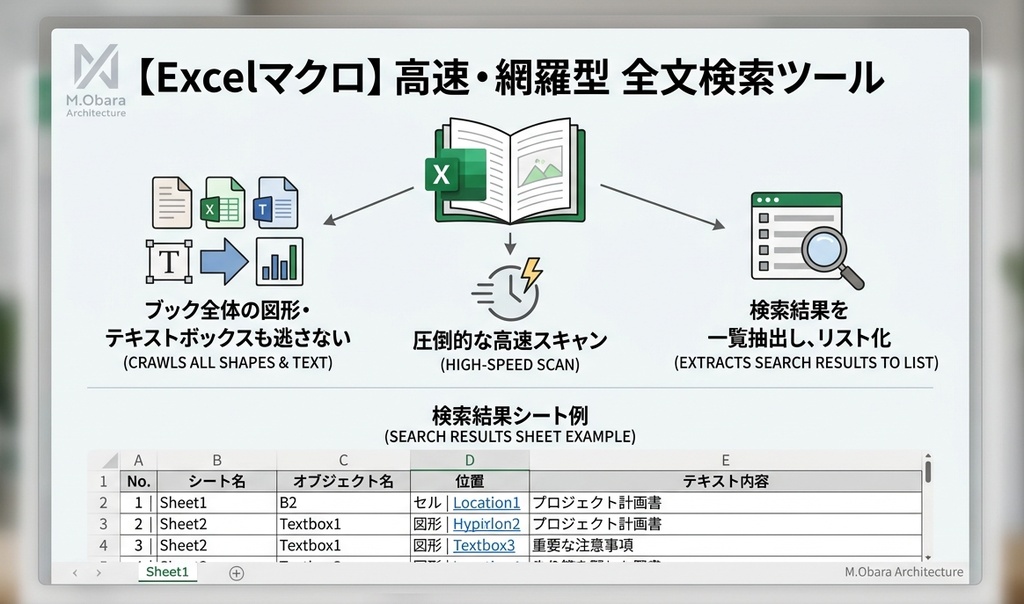 【無料Excelマクロ】高速・網羅型 全文検索ツール - ブック全体の図形やテキストも一括抽出