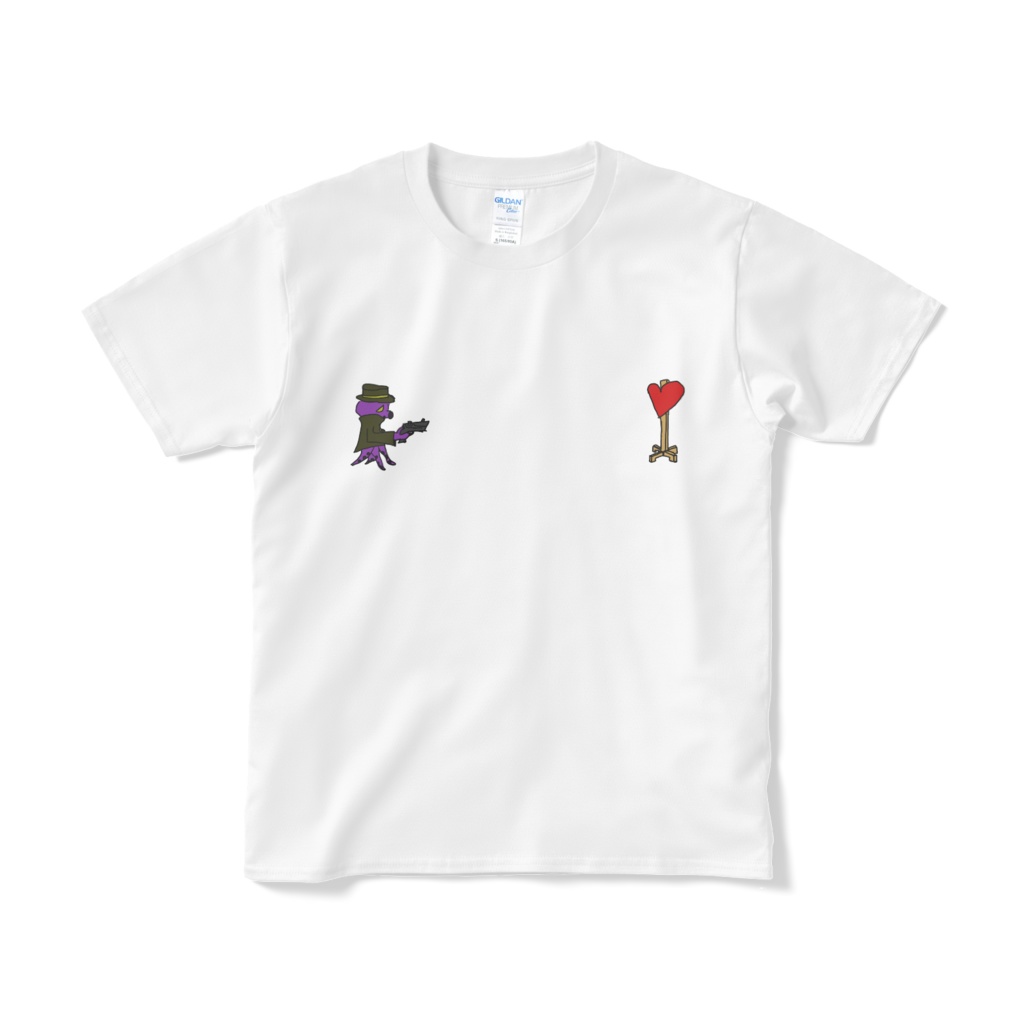 ハートを撃つ銃を持つタコ Tシャツ