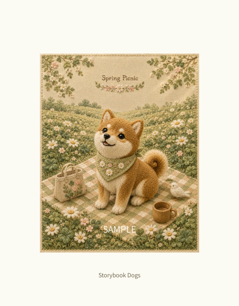 Storybook Dogs|Spring Picnic ― 赤柴犬と春のピクニック|布絵本風デジタルアート