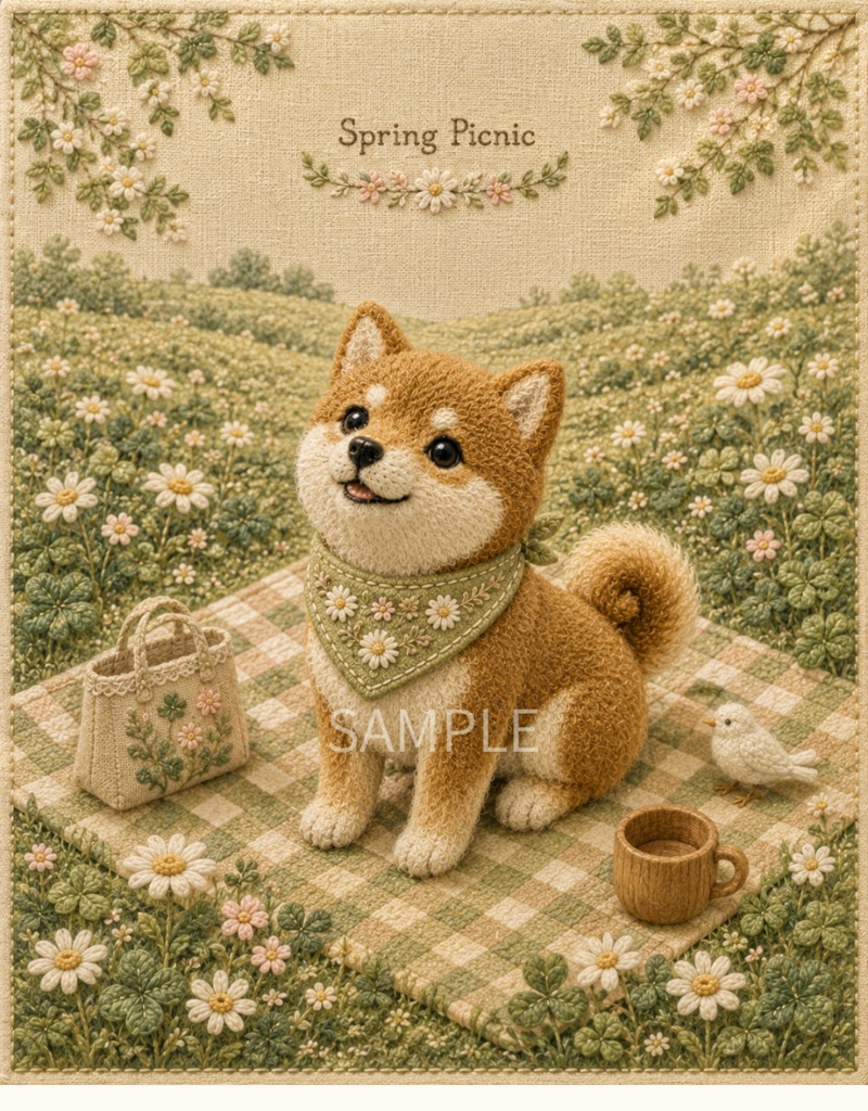 Storybook Dogs|Spring Picnic ― 赤柴犬と春のピクニック|布絵本風デジタルアート
