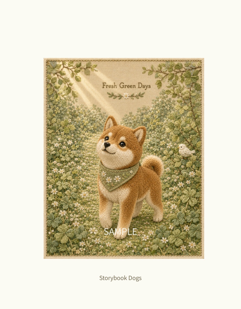 Storybook Dogs|Fresh Green Days ― 赤柴犬と新緑の小道|布絵本風デジタルアート