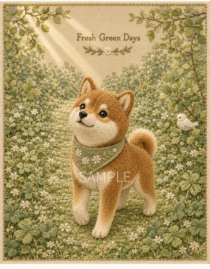 Storybook Dogs|Fresh Green Days ― 赤柴犬と新緑の小道|布絵本風デジタルアート