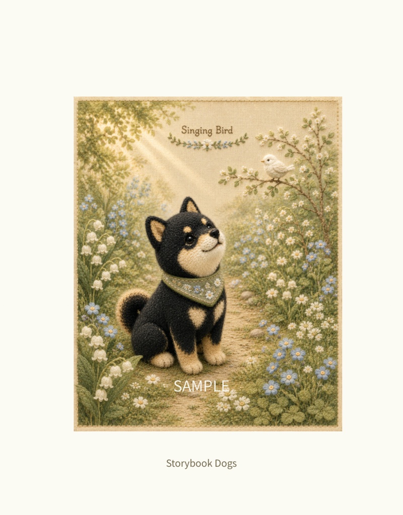 Storybook Dogs｜Singing Bird ― 黒柴犬と歌う小鳥｜布絵本風デジタルアート
