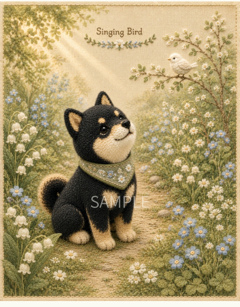 Storybook Dogs|Singing Bird ― 黒柴犬と歌う小鳥|布絵本風デジタルアート