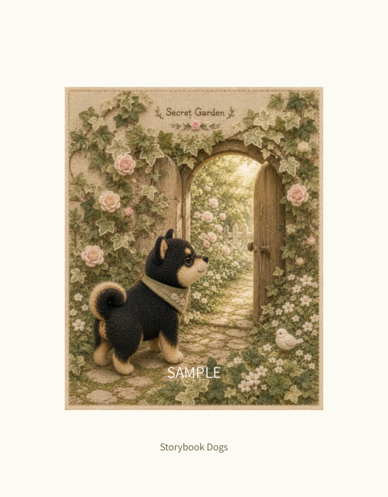 Storybook Dogs｜Secret Garden ― 黒柴犬と秘密の庭｜布絵本風デジタルアート
