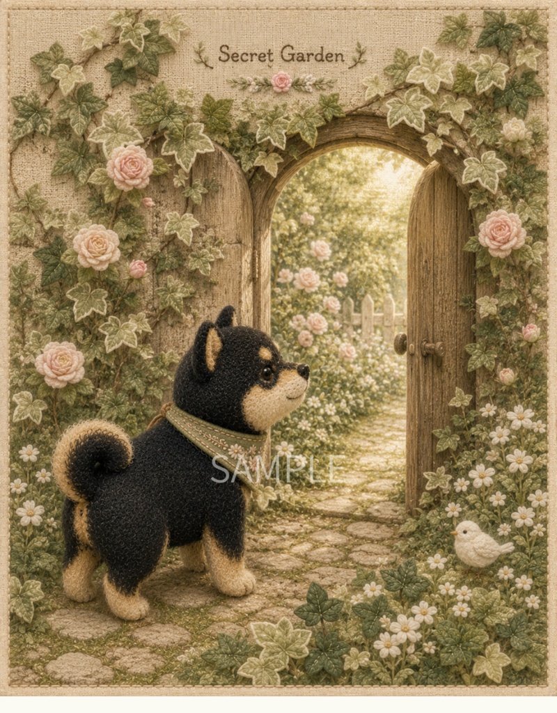 Storybook Dogs|Secret Garden ― 黒柴犬と秘密の庭|布絵本風デジタルアート