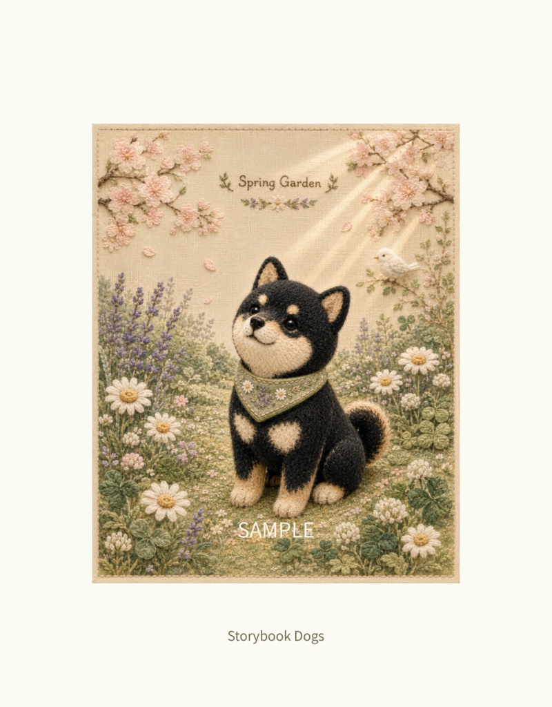 Storybook Dogs|Spring Garden ― 黒柴犬と春の花園|布絵本風デジタルアート