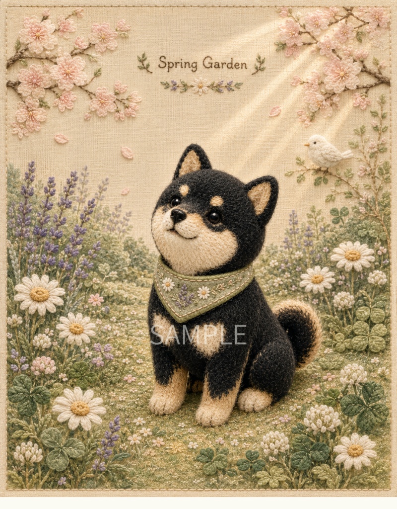 Storybook Dogs|Spring Garden ― 黒柴犬と春の花園|布絵本風デジタルアート