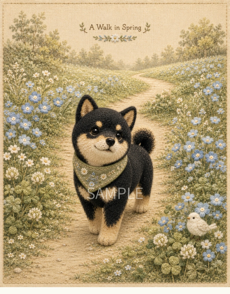 Storybook Dogs|A Walk in Spring ― 黒柴犬と春の小道|布絵本風デジタルアート