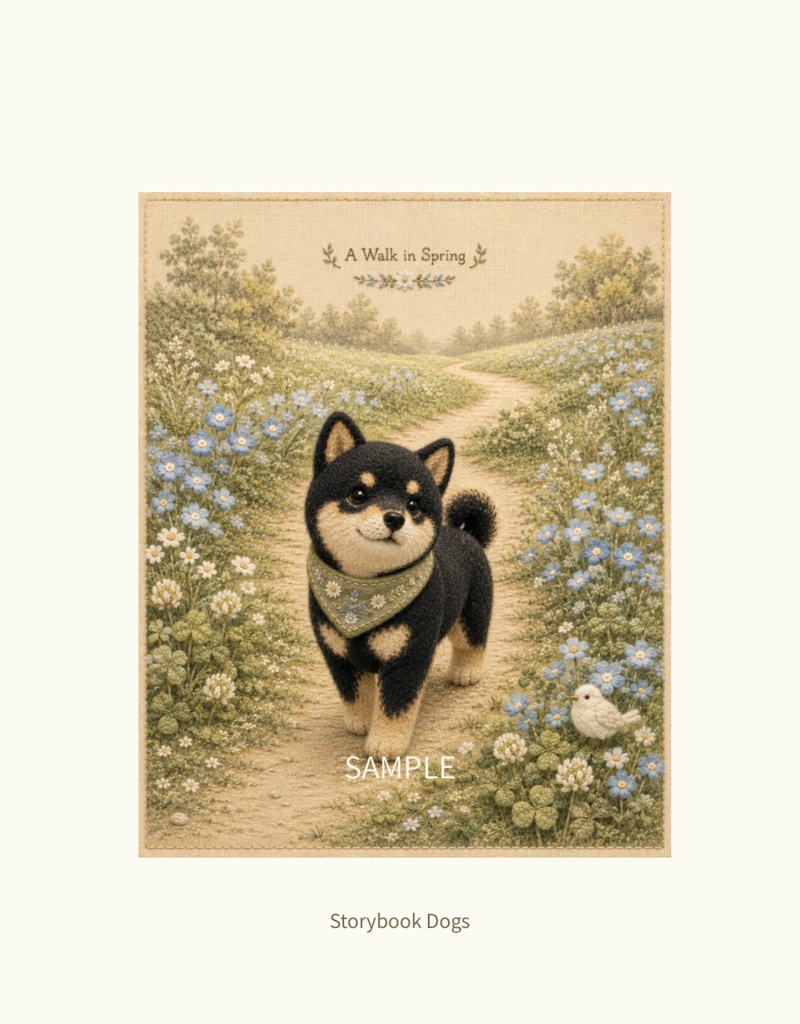 Storybook Dogs｜A Walk in Spring ― 黒柴犬と春の小道｜布絵本風デジタルアート