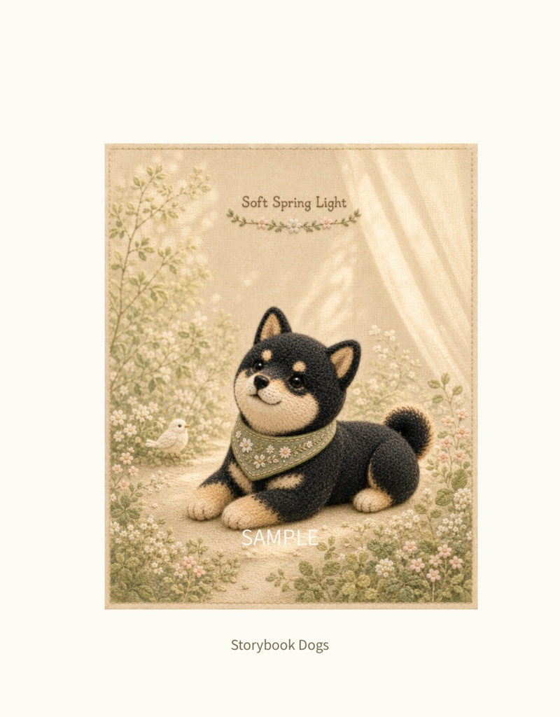 Storybook Dogs|Soft Spring Light ― 黒柴犬とやわらかな春の光|布絵本風デジタルアート