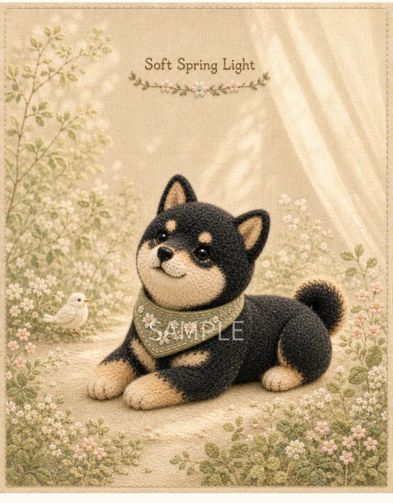 Storybook Dogs|Soft Spring Light ― 黒柴犬とやわらかな春の光|布絵本風デジタルアート