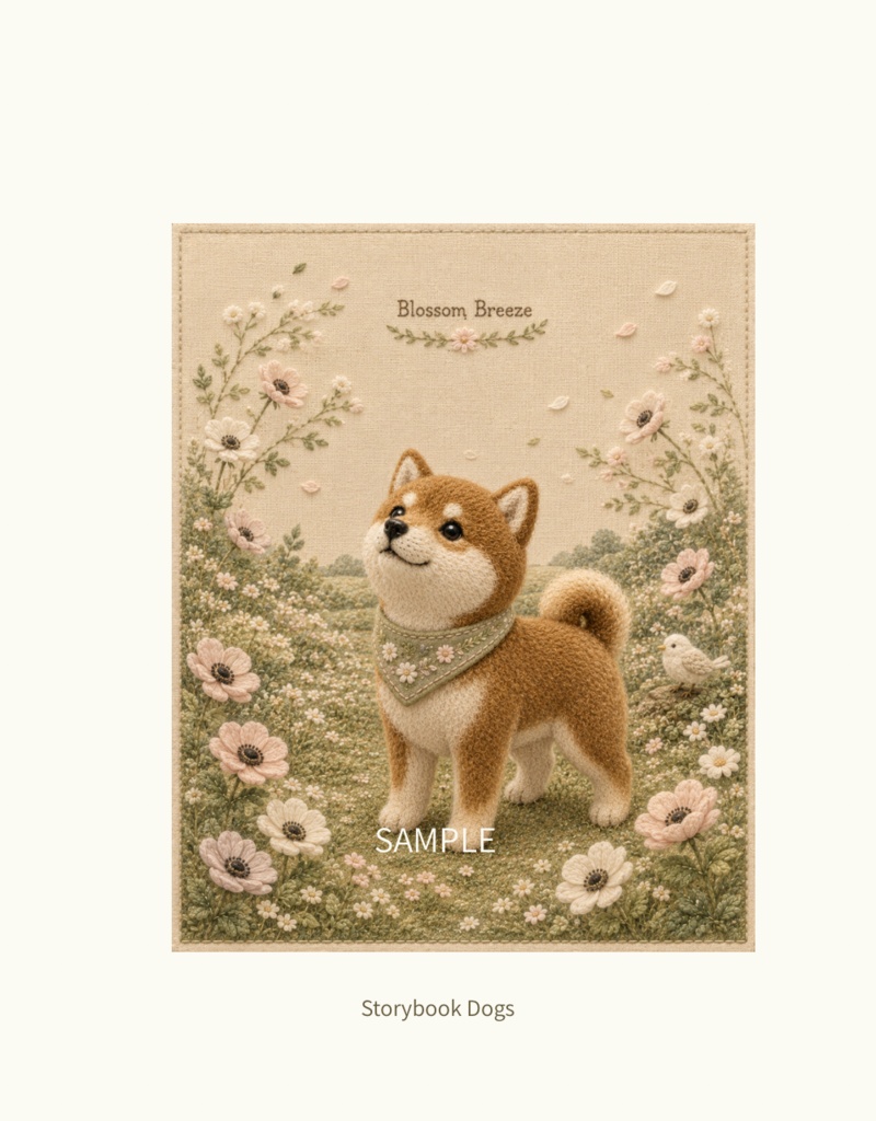 Storybook Dogs｜Blossom Breeze ― 赤柴犬と春風に咲く花｜布絵本風デジタルアート