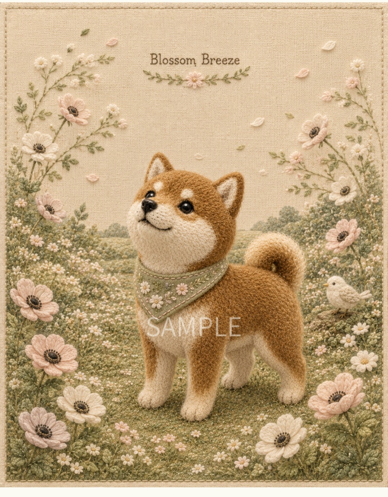 Storybook Dogs|Blossom Breeze ― 赤柴犬と春風に咲く花|布絵本風デジタルアート