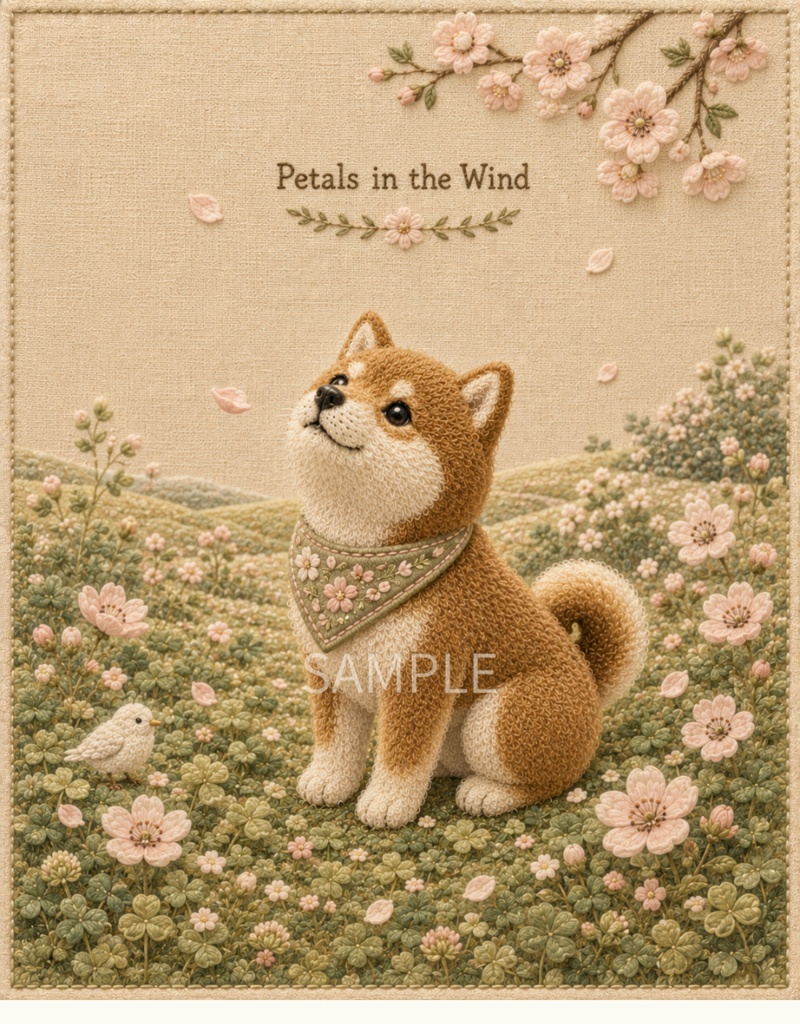 Storybook Dogs|Petals in the Wind ― 赤柴犬と舞い散る花びら|布絵本風デジタルアート
