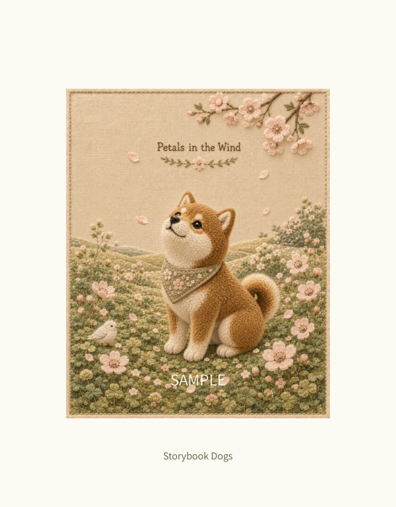     Storybook Dogs｜Petals in the Wind ― 赤柴犬と舞い散る花びら｜布絵本風デジタルアート