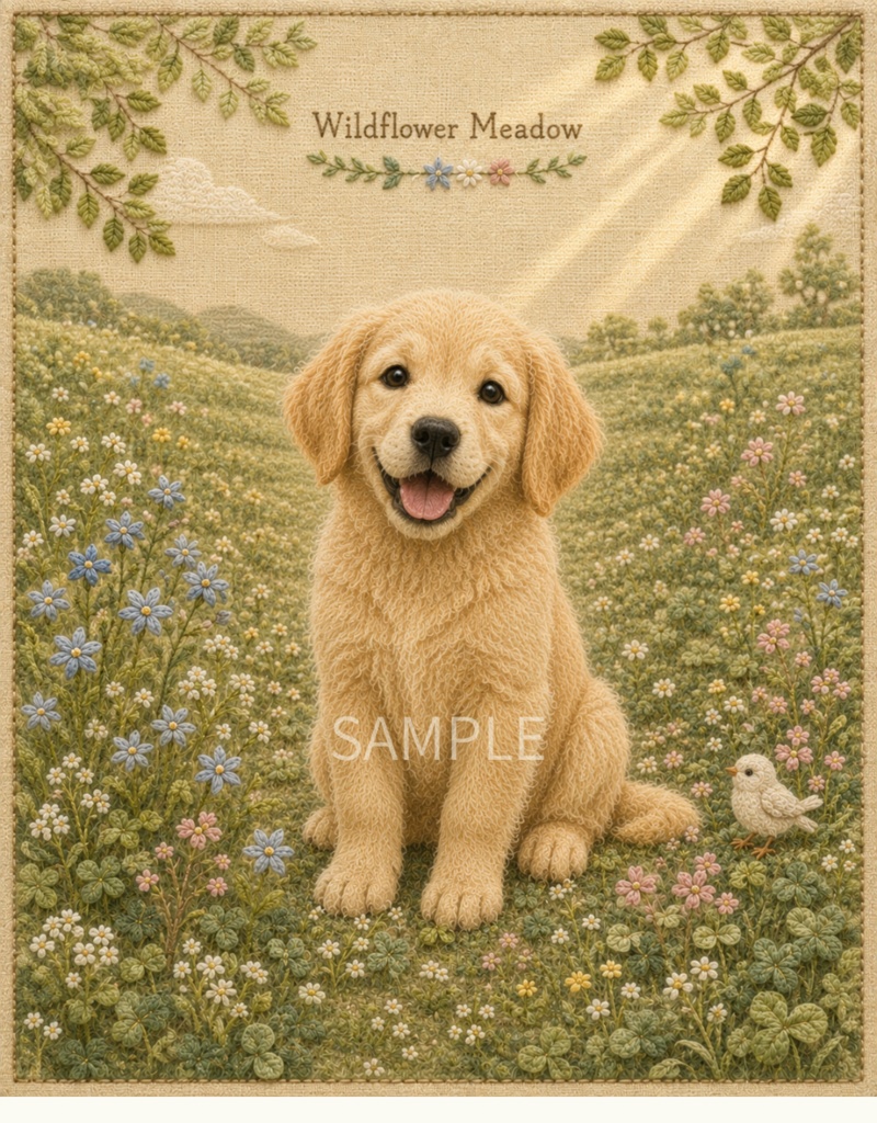 Storybook Dogs|Wildflower Meadow ― ゴールデンレトリバーと花咲く野原|布絵本風デジタルアート